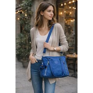 Kipling Angela Tote Satchel Crossbody Bag in Cobalt/Electric Blue Nylon Zip Top